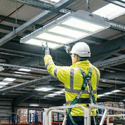 Commercial LED lighting installation in UK warehouse by Green Business Light engineers