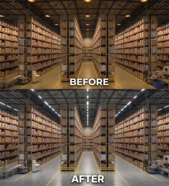 A warehouse showing a vast improvement in light quality following an upgrade to LED lighting